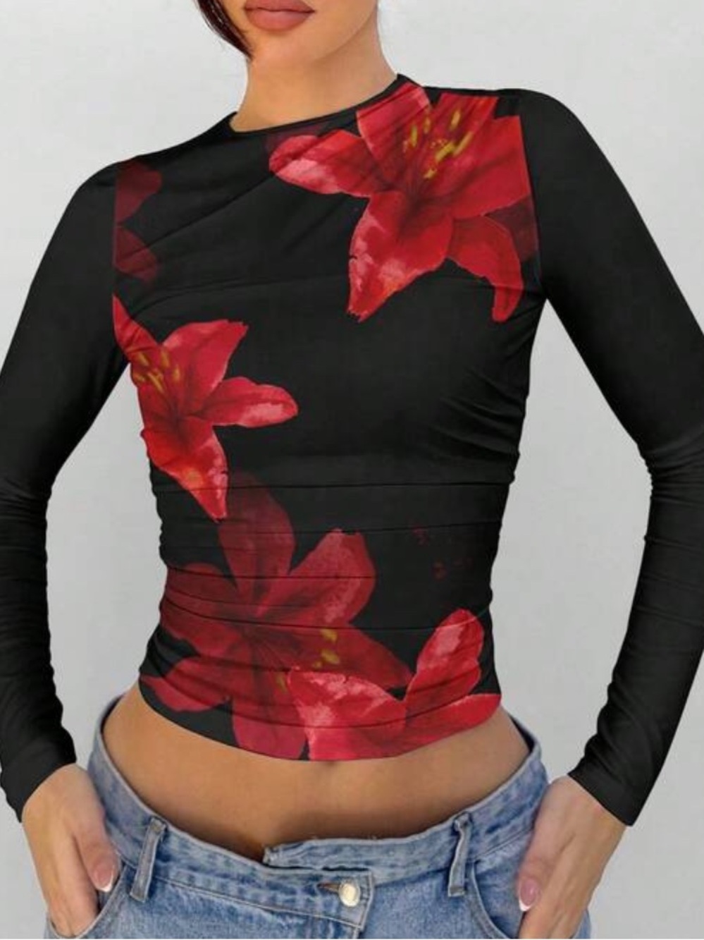 Floral Print Long-Sleeve Crop Top - Red & Black